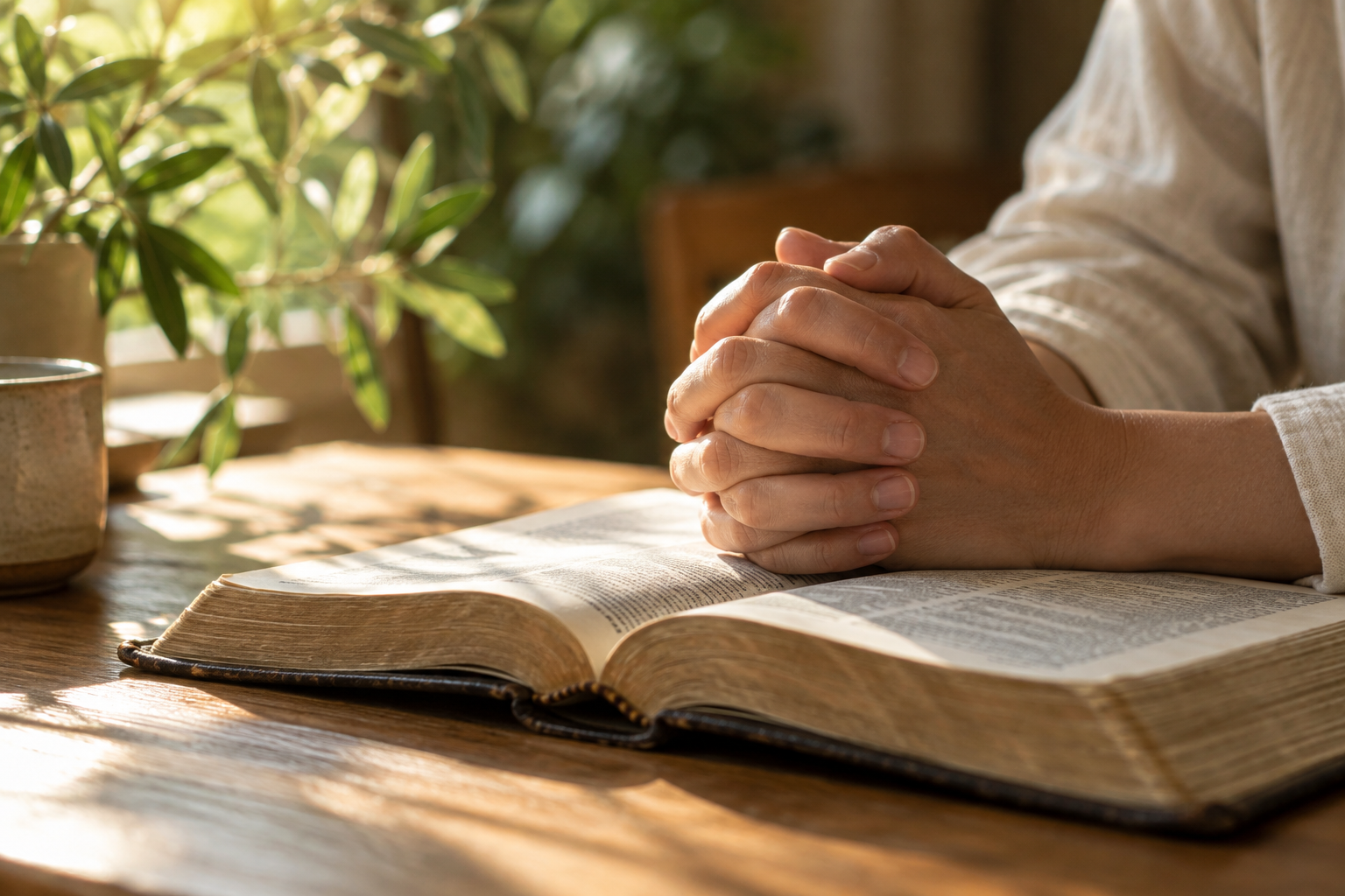 Hands gently clasped in prayer over an open Bible